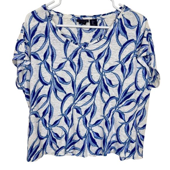 Tahari 100% Linen T-Shirt Tropical Blue Leaf Print Short Sleeve Top Size LRG EUC - Picture 1 of 3